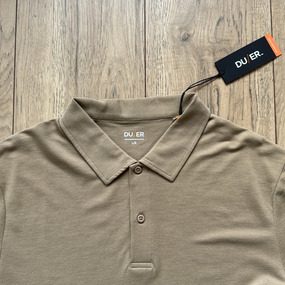 NWT DU/ER Oatmeal Performance Mesh Polo Short Sleeve Shirt Men’s Large